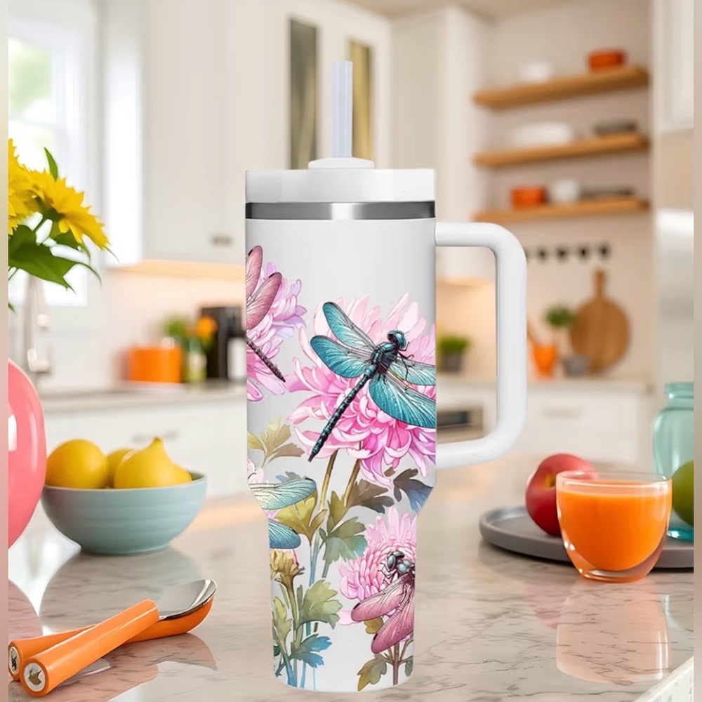Dragonfly Floral Travel Mug Set - White and Pink - Picture 4 of 4